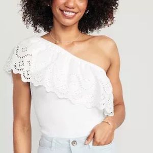 Eyelet One-Shoulder Paneled Rib-Knit Top for Women NWT Large